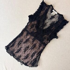 Cache Black Floral Lace Sleeveless V-Neck Ruffle Trim Top XS